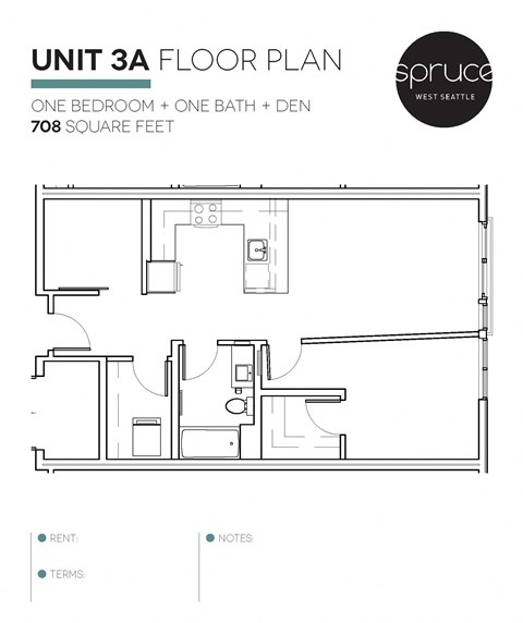 Floor plan for 1 bed, 1 bath, 708 sqft